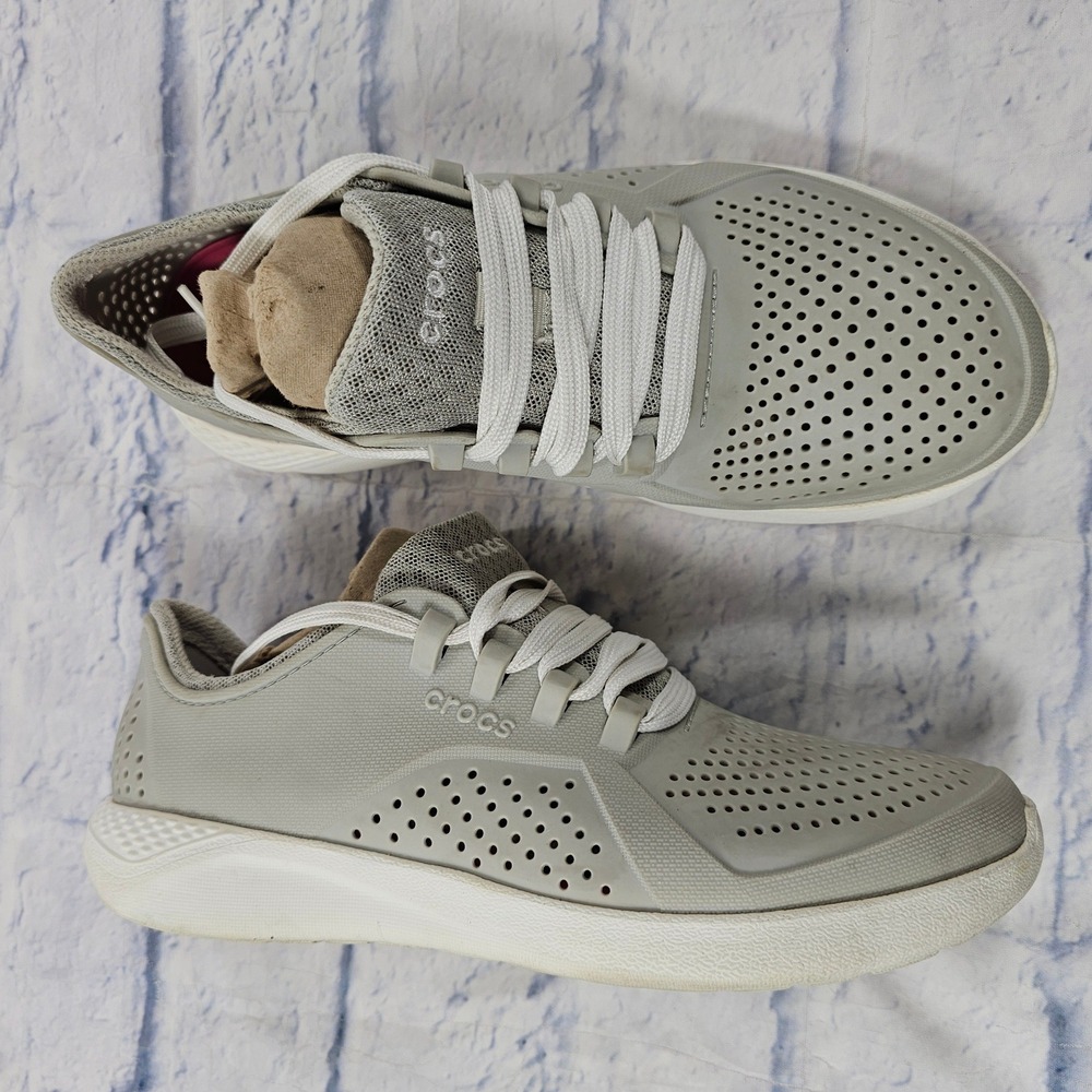 Crocs LiteRide Pacer Sneakers Womens 9 Light Gray White Breathable Lace Up Shoes